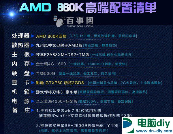 AMD860K/GTX750经典主机 2288元四核独显游戏配置推荐